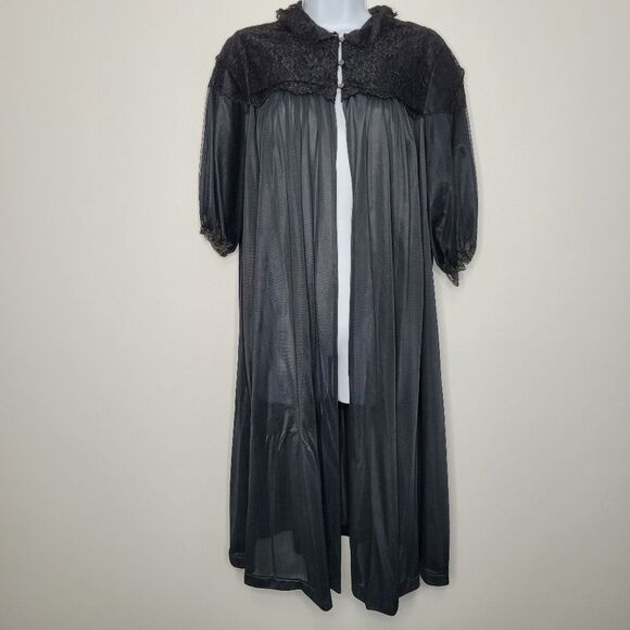 Vintage black nylon half sleeve lace partial button front sleep gown coat 36 - Picture 1 of 10